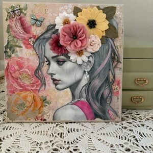 Handcrafted Mixed Media Floral Portrait on 10x10 Canvas 3D Embellishments
